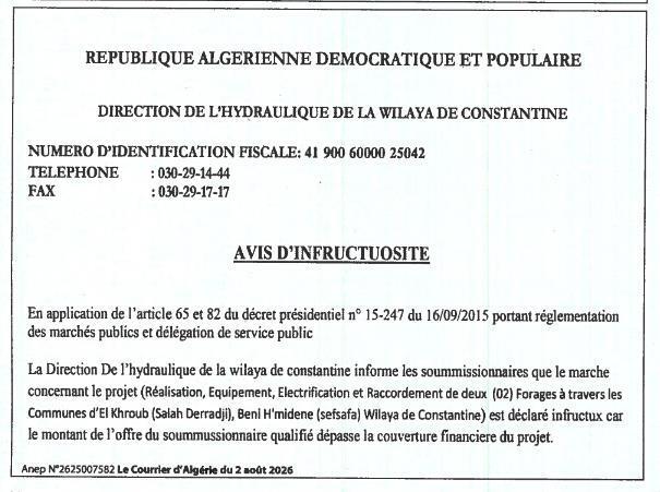 Avis d'infructuosité pour la réalisation, l'équipement, l'électrification et le raccordement de deux forages