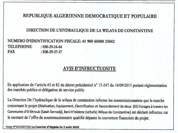 Avis d'infructuosité pour la réalisation, l'équipement, l'électrification et le raccordement de deux forages