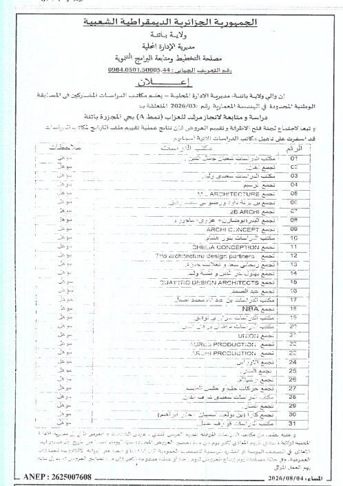 Avis d'attribution provisoire pour l'étude et le suivi de la réalisation d'un centre de soins (modèle A) à Batna