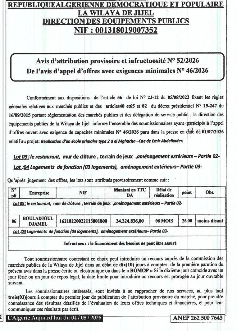 Avis d'attribution provisoire et infructuosité N° 52/2026