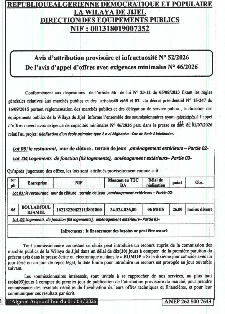 Avis d'attribution provisoire et infructuosité N° 52/2026