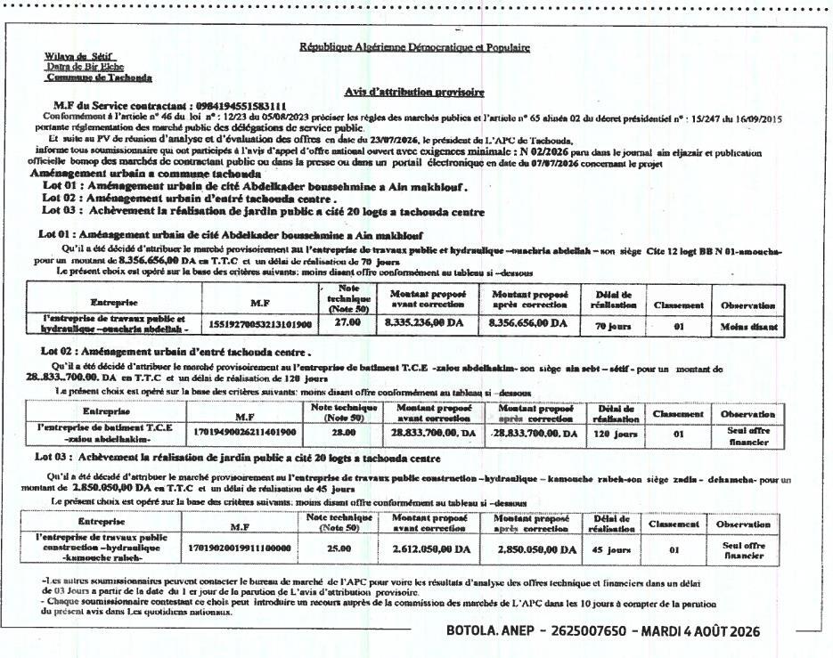 Avis d'attribution provisoire pour l'aménagement urbain de la commune de Tachouda