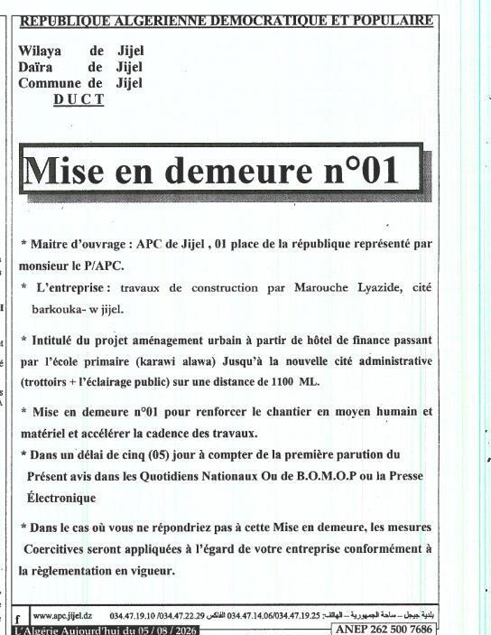 Mise en demeure n°01 pour travaux d'aménagement urbain