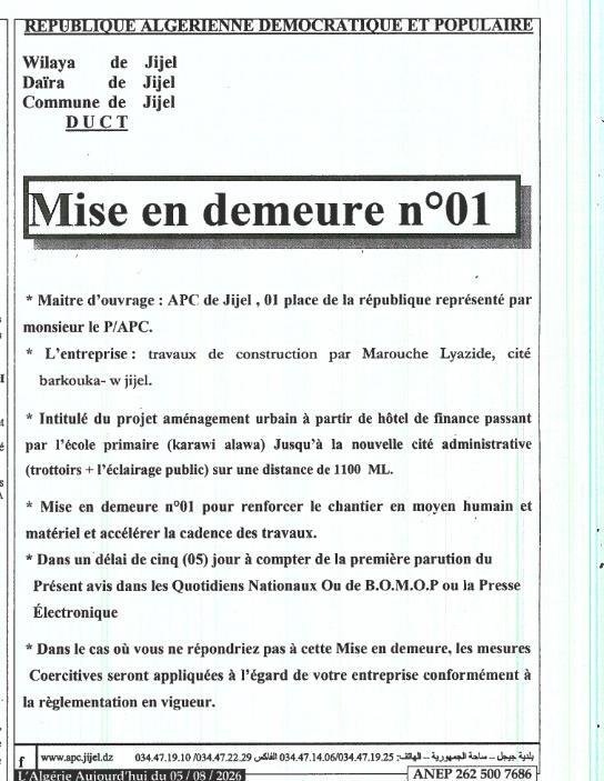 Mise en demeure n°01 pour travaux d'aménagement urbain