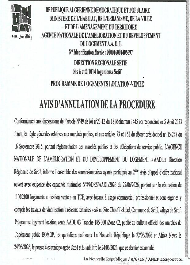 Avis d'annulation de la procédure de réalisation de logements location-vente