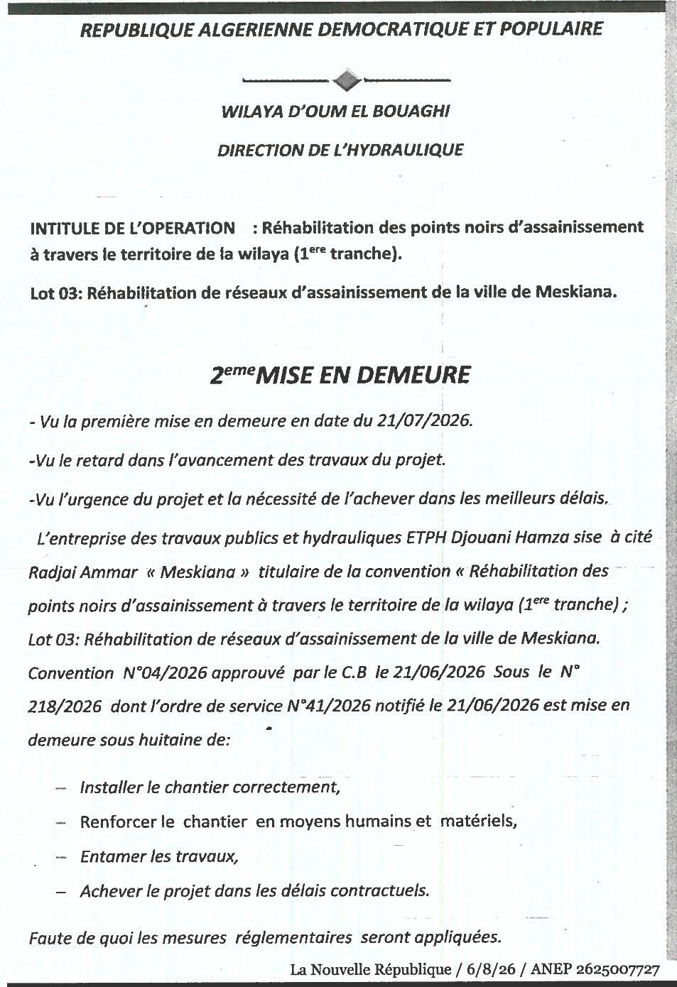 2ème mise en demeure relative à la réhabilitation des réseaux d'assainissement de la ville de Meskiana (Lot 03)