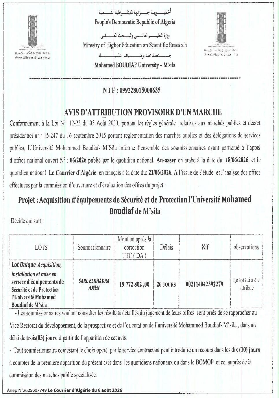 Avis d'attribution provisoire