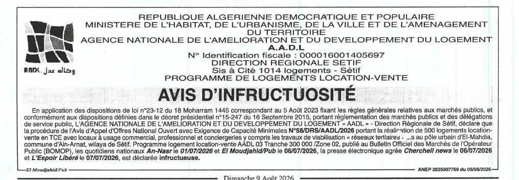 Avis d'infructuosité pour la réalisation de 500 logements location-vente