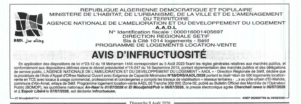 Avis d'infructuosité pour la réalisation de 500 logements location-vente