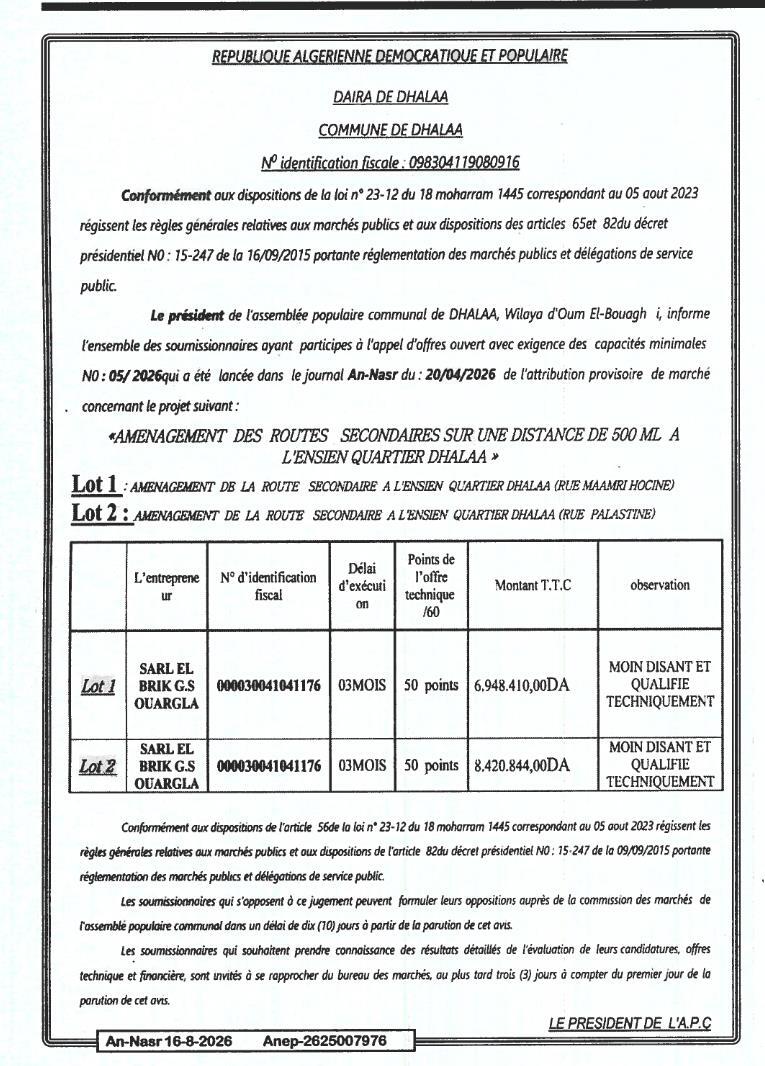Avis d'attribution provisoire pour l'aménagement de routes secondaires dans la commune de Dhalaa