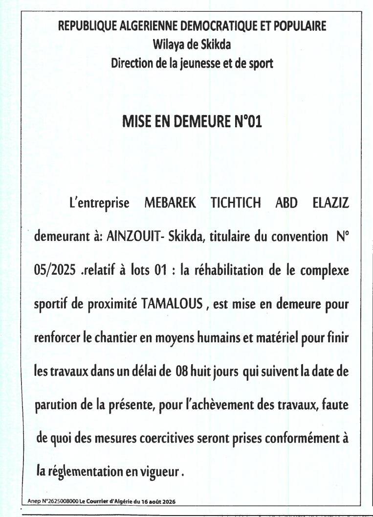 Mise en demeure pour renforcement de chantier sportif à Tamalous