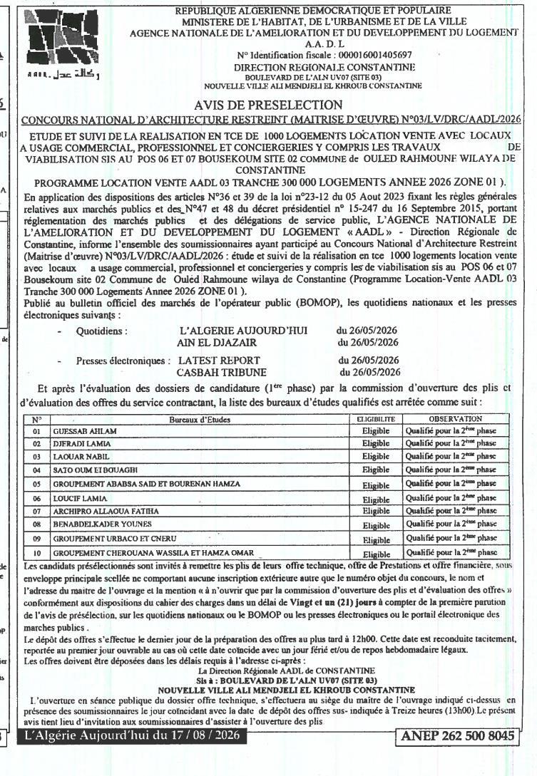 Avis de présélection pour concours national d'architecture restreint (maîtrise d'œuvre) - Étude et suivi de réalisation de 1000 logements
