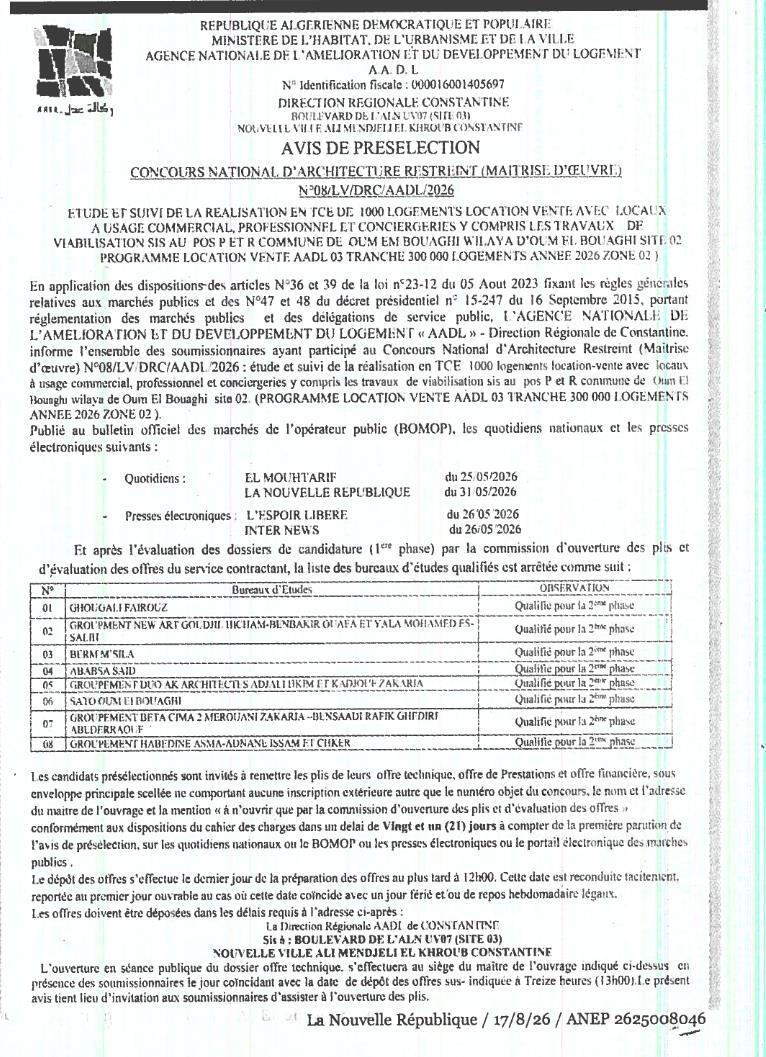 Avis de présélection pour concours national d'architecture restreint (maîtrise d'œuvre) - Étude et suivi de la réalisation de 1000 logements location-vente