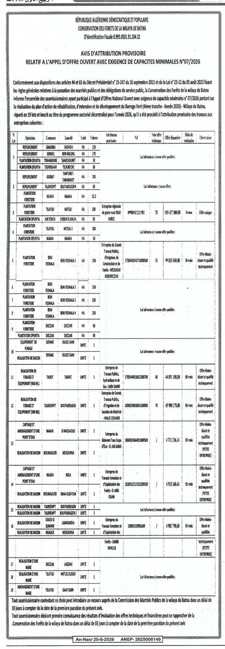 Avis d'attribution provisoire relatif à la réalisation du plan d'action de réhabilitation, d'extension et de développement du barrage Vert (4ème tranche - Année 2026) - Wilaya de Batna