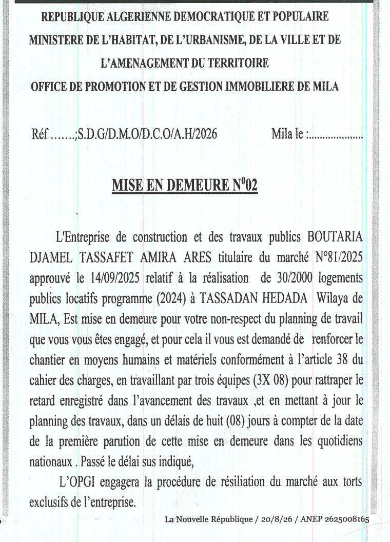 Mise en demeure pour non-respect du planning de travaux de construction de logements publics