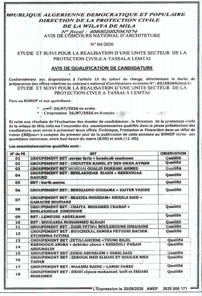 Étude et suivi pour la réalisation d'une unité secteur de la protection civile à Tassala Lemtai