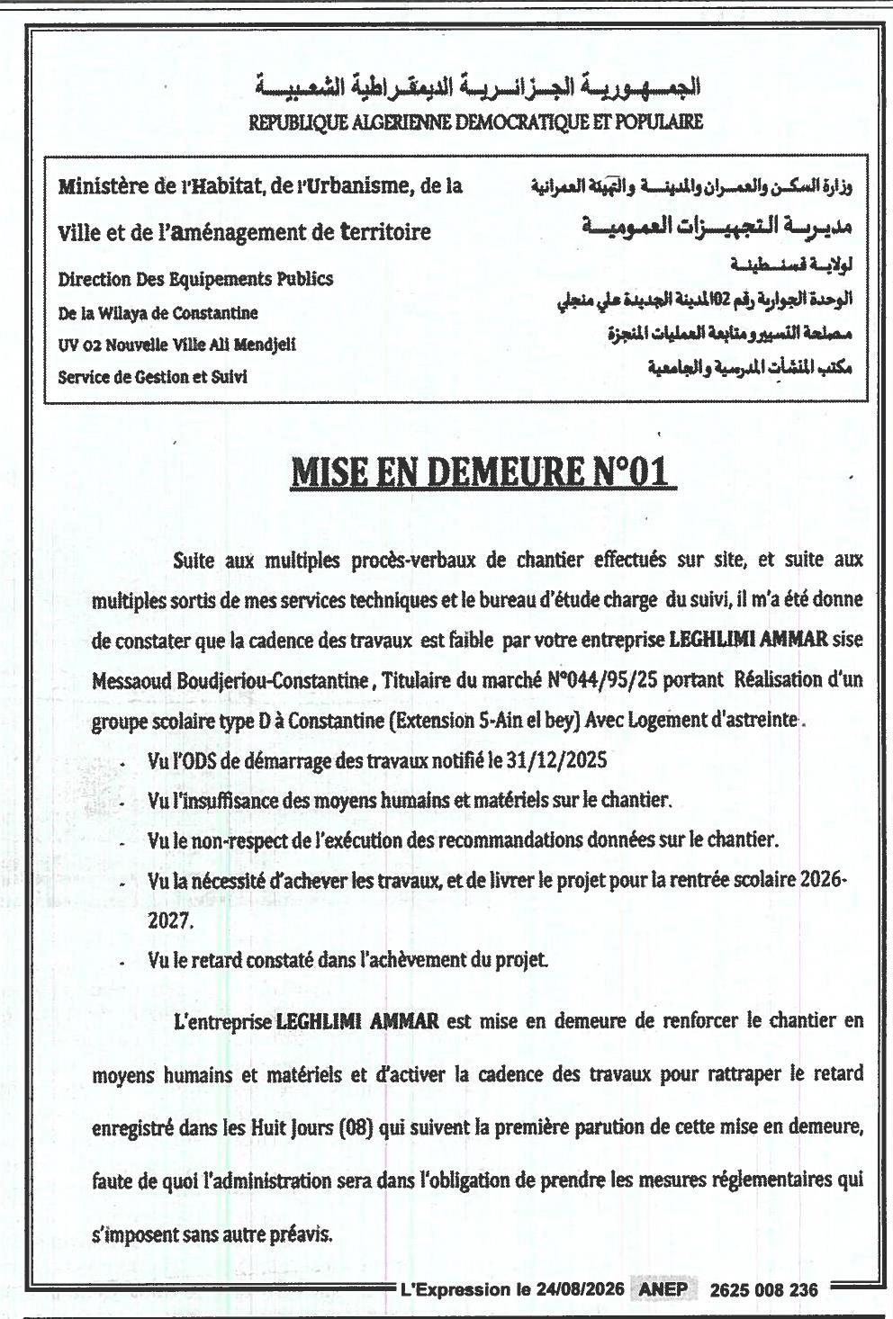 MISE EN DEMEURE N°01