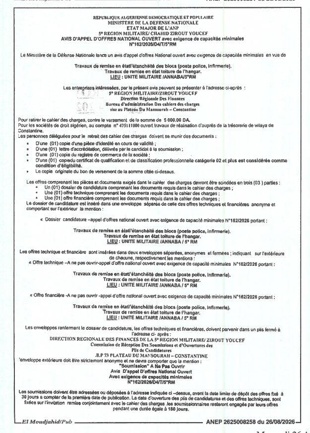 Travaux de remise en état et d'étanchéité des blocs et de la toiture d'une unité militaire