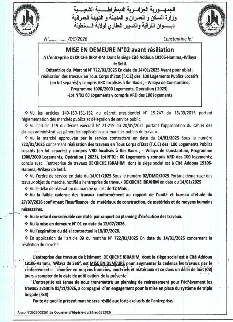 Mise en demeure avant résiliation pour retard de travaux