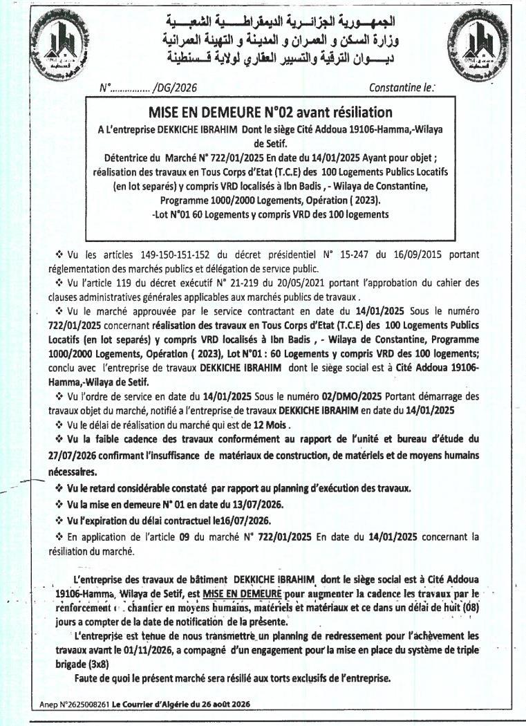 Mise en demeure avant résiliation pour retard de travaux