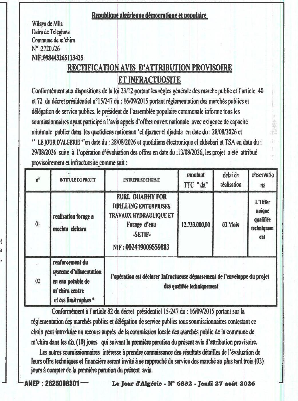 Rectification d'avis d'attribution provisoire et d'infructuosité