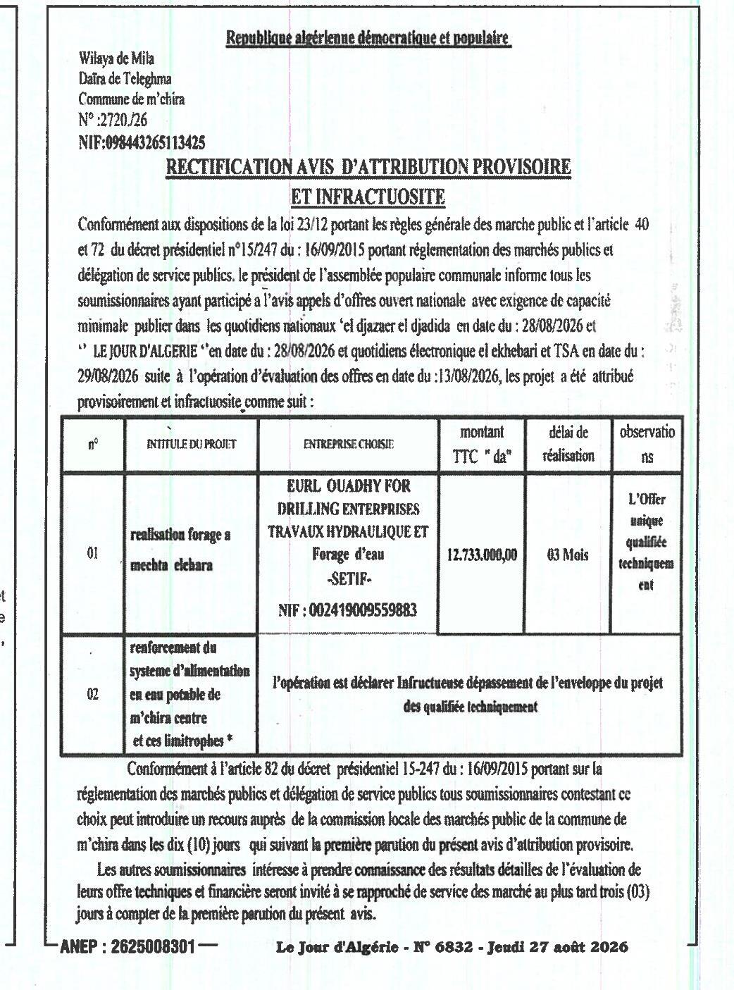 Rectification d'avis d'attribution provisoire et d'infructuosité
