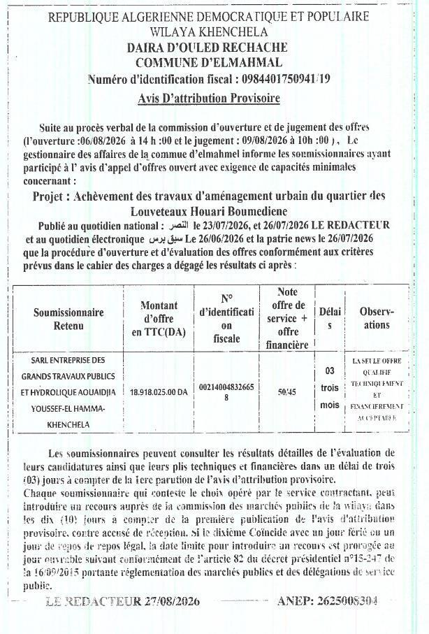 Avis d'attribution provisoire - Achèvement des travaux d'aménagement urbain du quartier des Louveteaux Houari Boumediene