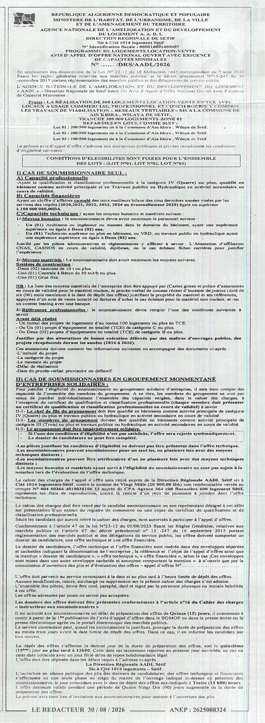 Appel d'offres national ouvert avec exigence de capacités minimales pour la réalisation de logements location-vente et locaux commerciaux professionnels