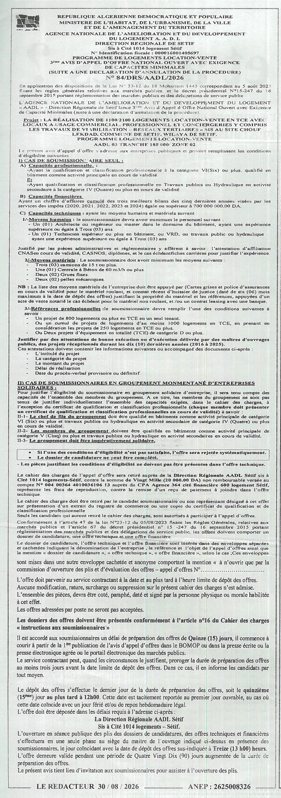 Avis d'attribution provisoire pour des travaux d'aménagement et de développement