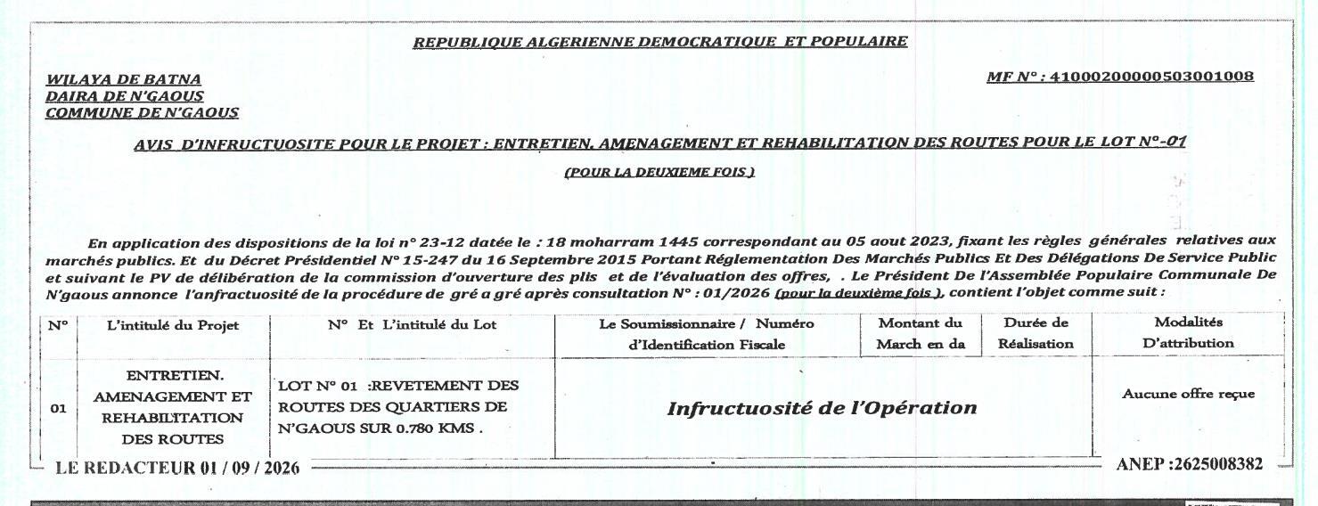 Avis d'infructuosité pour l'entretien, l'aménagement et la réhabilitation des routes - Lot N°01