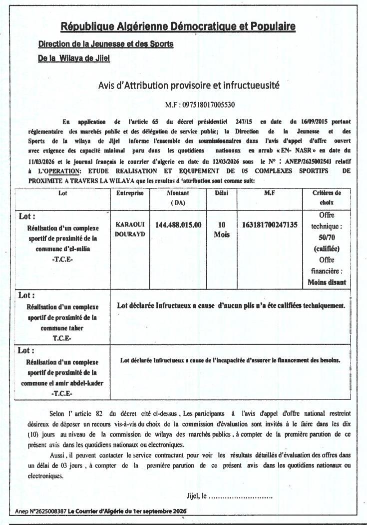 Avis d'attribution provisoire et d'infructuosité