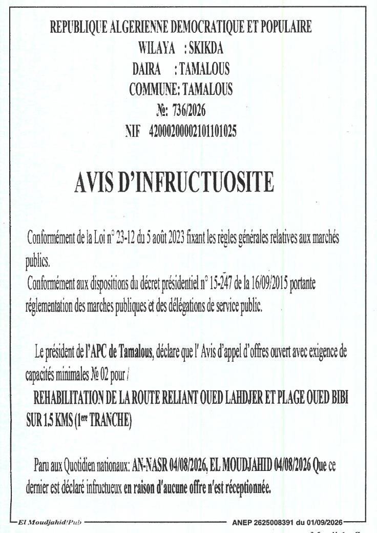 Avis d'infructuosité - Réhabilitation de la route reliant Oued Lahdjer et Plage Oued Bibi (1,5 km)