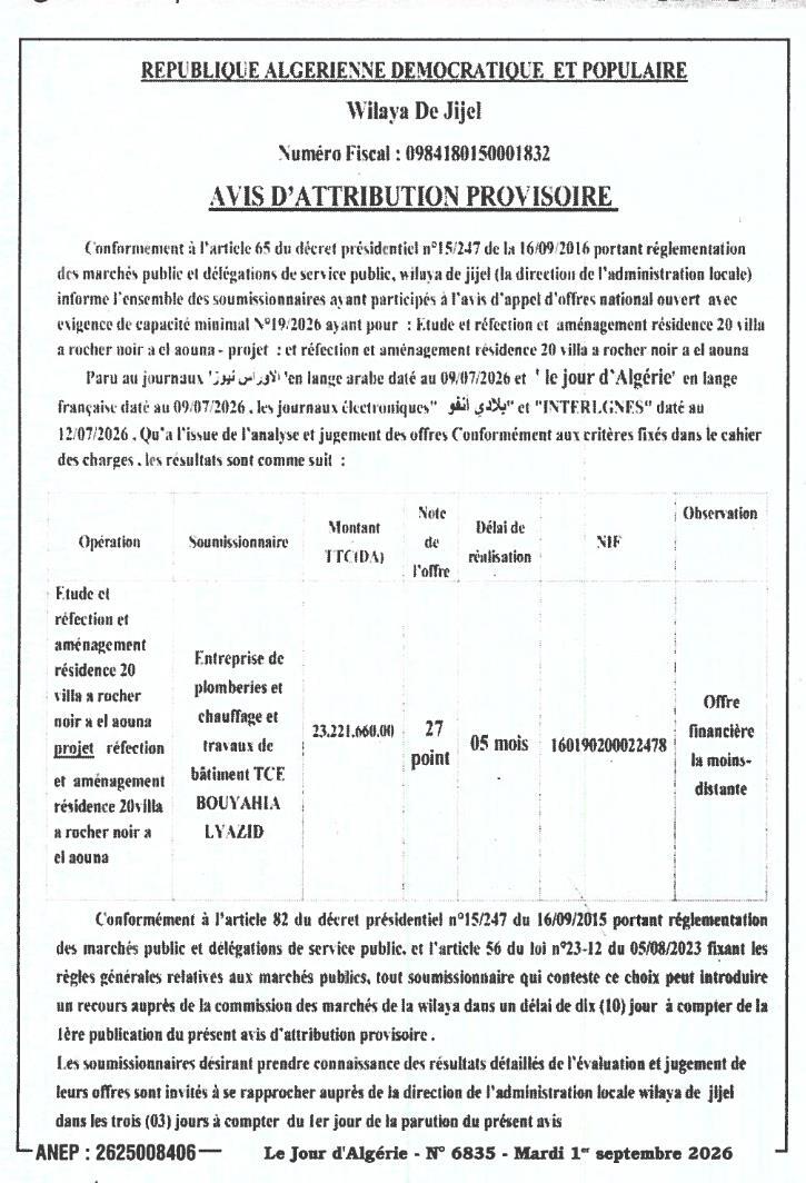 Avis d'attribution provisoire - Étude et réfection et aménagement résidence 20 villas à Rocher Noir à El Aouna