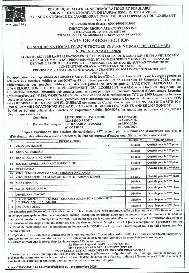 Avis de présélection pour concours national d'architecture restreint (maîtrise d'œuvre) - Étude et suivi de la réalisation de 1500 logements