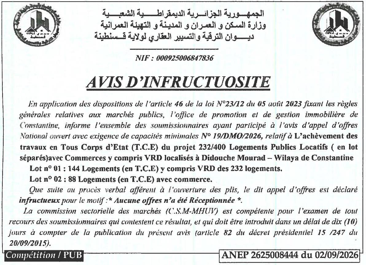 Avis d'infructuosité pour l'achèvement des travaux du projet 232/400 logements publics locatifs à Didouche Mourad (Wilaya de Constantine)
