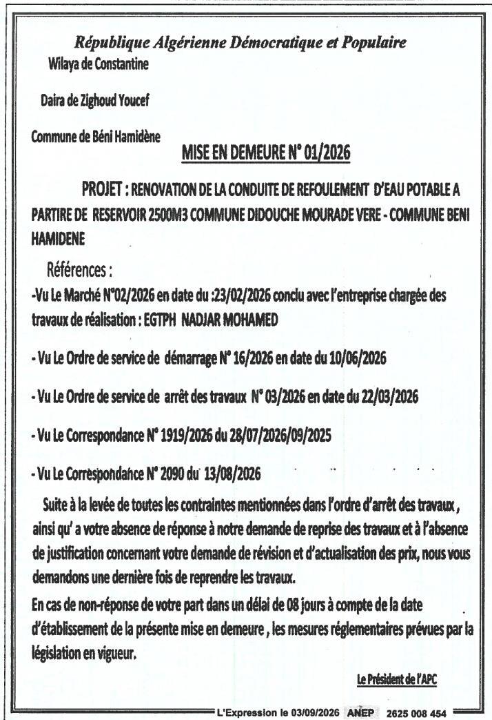 Mise en demeure relative à la rénovation d'une conduite de refoulement d'eau potable
