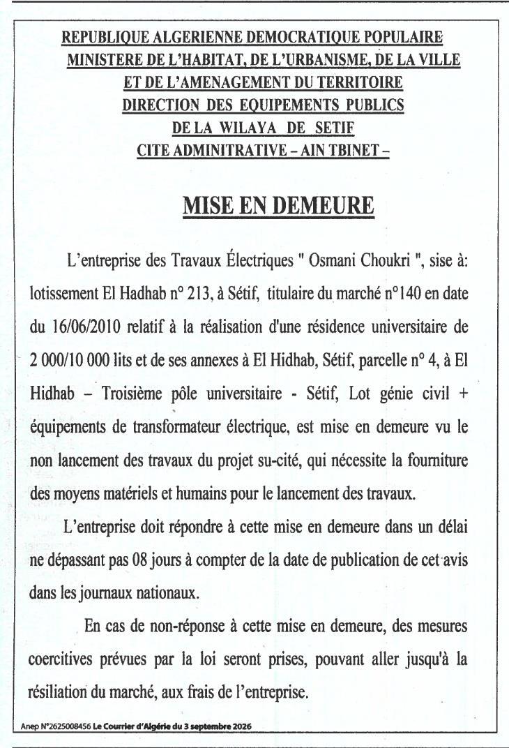 Mise en demeure relative à la réalisation d'une résidence universitaire