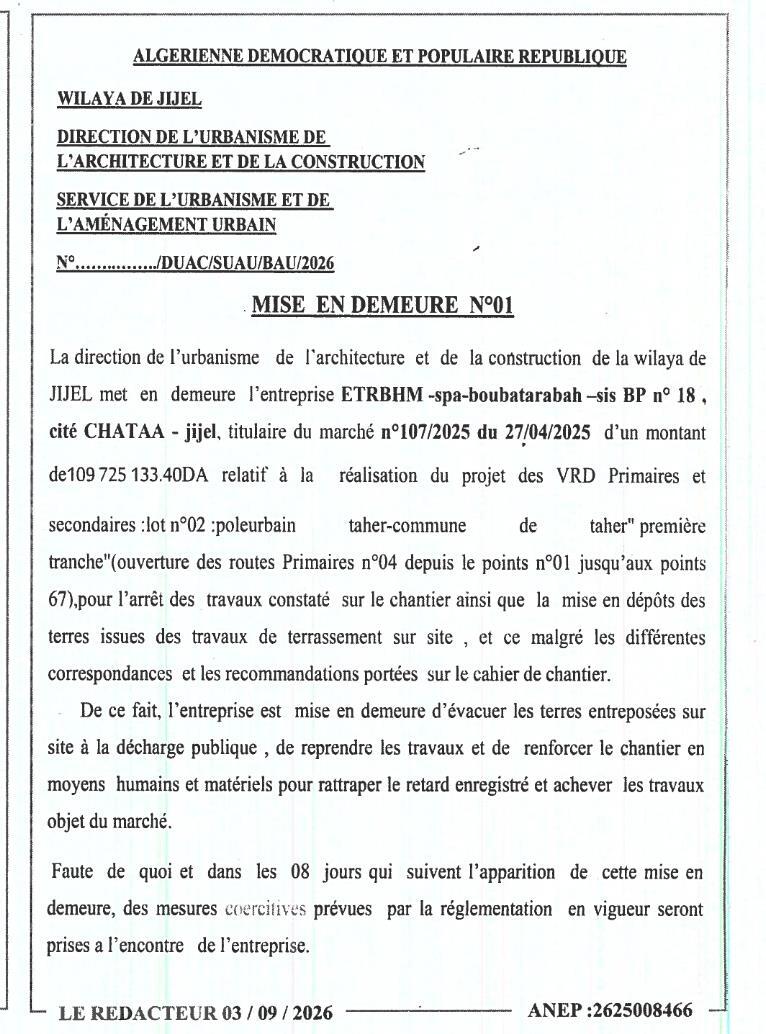 Mise en demeure relative à l'arrêt des travaux d'un projet de VRD dans la commune de Taher