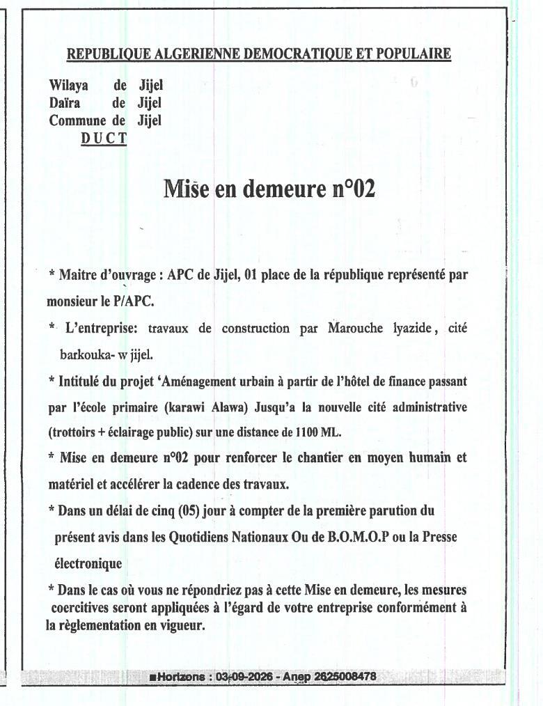 Mise en demeure pour accélération des travaux d'aménagement urbain à Jijel