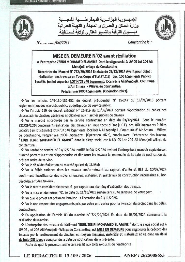 Mise en demeure avant résiliation pour retard dans la réalisation de travaux de logements publics