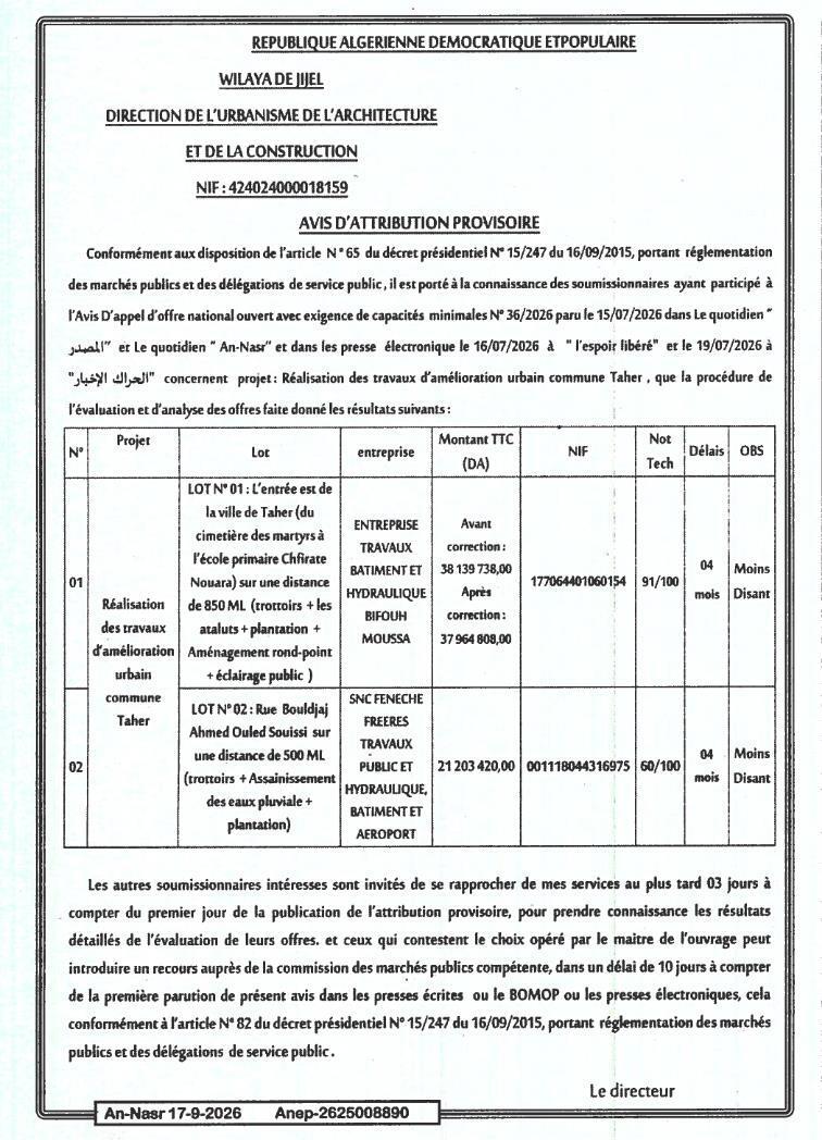 Avis d'attribution provisoire pour la réalisation des travaux d'amélioration urbaine de la commune de Taher