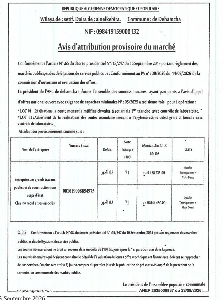 Attribution provisoire des marchés de travaux routiers à Dehamcha (lots 01 et 02)