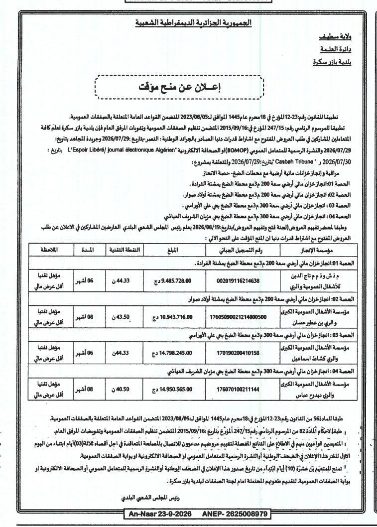 إعلان عن المنح المؤقتة لأعمال التحكم وبناء خزانات المياه السطحية مع محطات الضخ