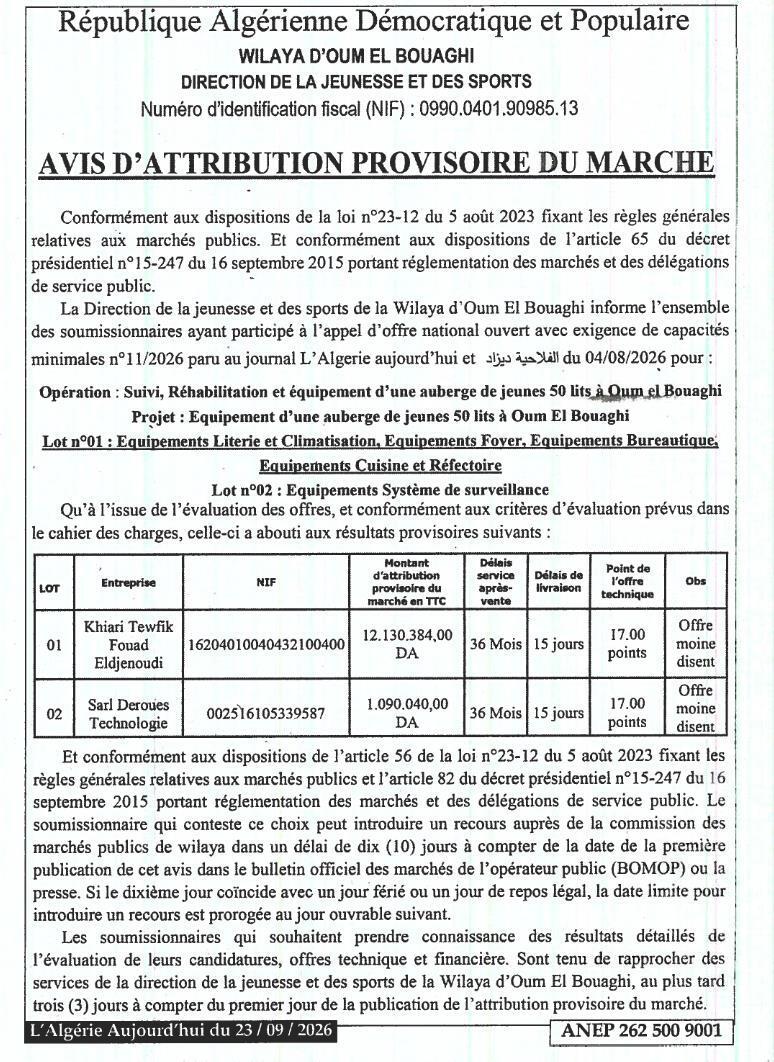 Attribution provisoire des marchés pour l'équipement d'une auberge de jeunes de 50 lits à Oum El Bouaghi