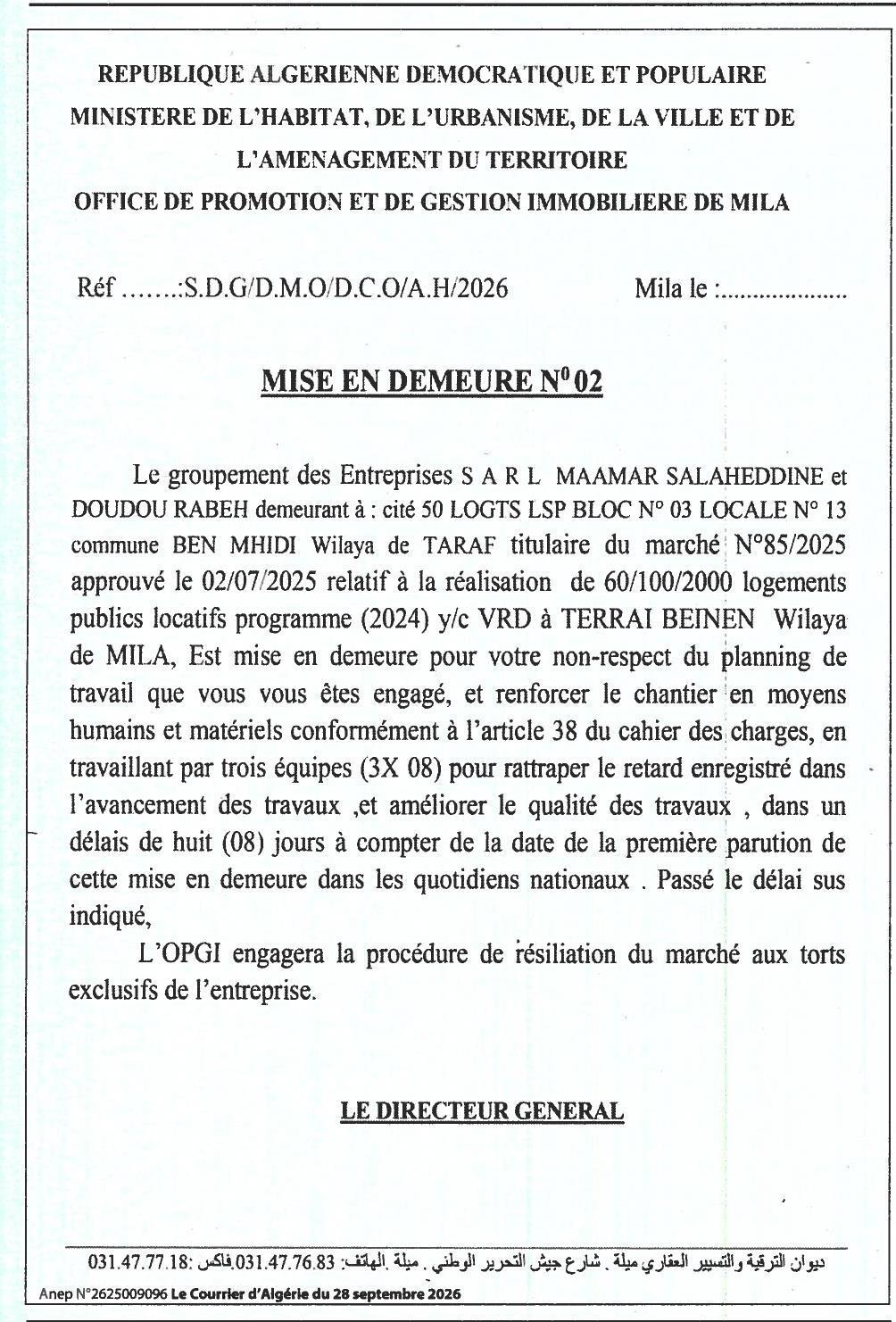 Mise en demeure pour retard dans l'avancement des travaux de logements publics locatifs