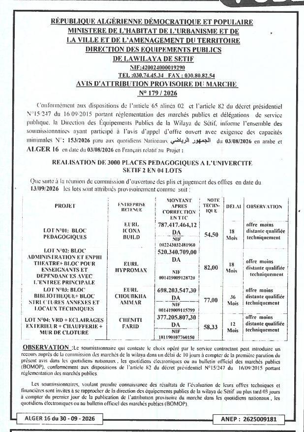 Attribution provisoire des lots pour la réalisation de 3000 places pédagogiques à l'Université Sétif 2