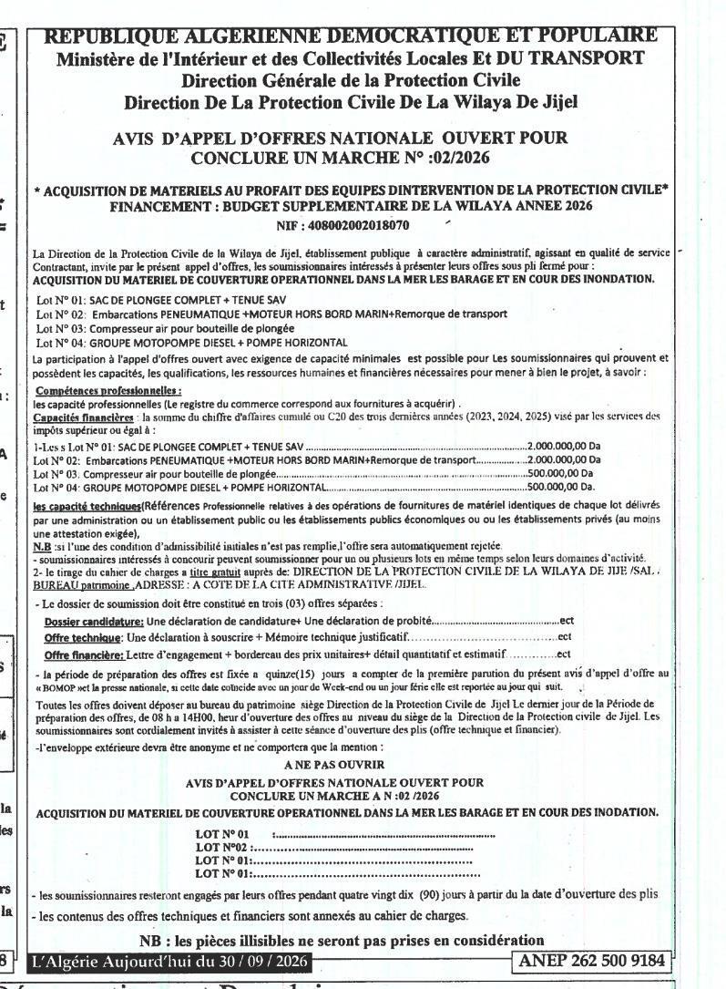 Acquisition de matériel opérationnel pour les équipes de protection civile (lots : équipement de plongée, embarcations pneumatiques, compresseurs, motopompes)