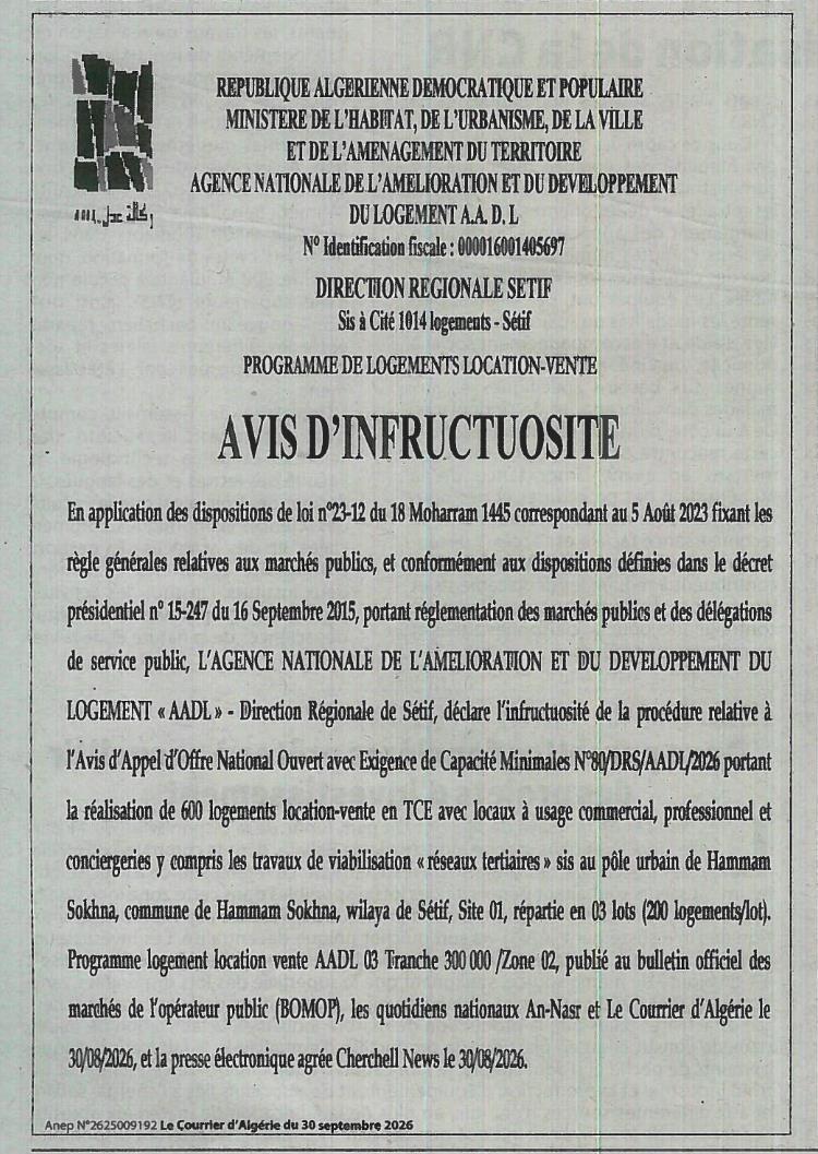 Déclaration d'infructuosité pour la réalisation de 600 logements location-vente à Hammam Sokhna (Sétif)