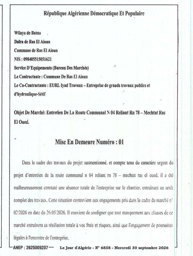 Mise en demeure pour non-exécution des travaux d'entretien de la route communale N°04 (RN 78 – Mechtat Ras El Oued)