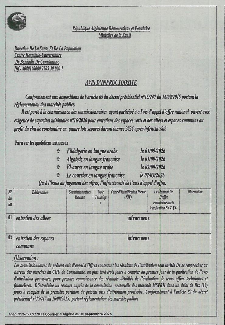 Déclaration d'infructuosité de l'appel d'offres pour l'entretien des espaces verts et des allées du CHU de Constantine
